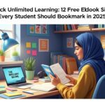 Student reading a free eBook on a laptop for IGCSE, A Level, and SAT prep — in a bright, engaging study environment