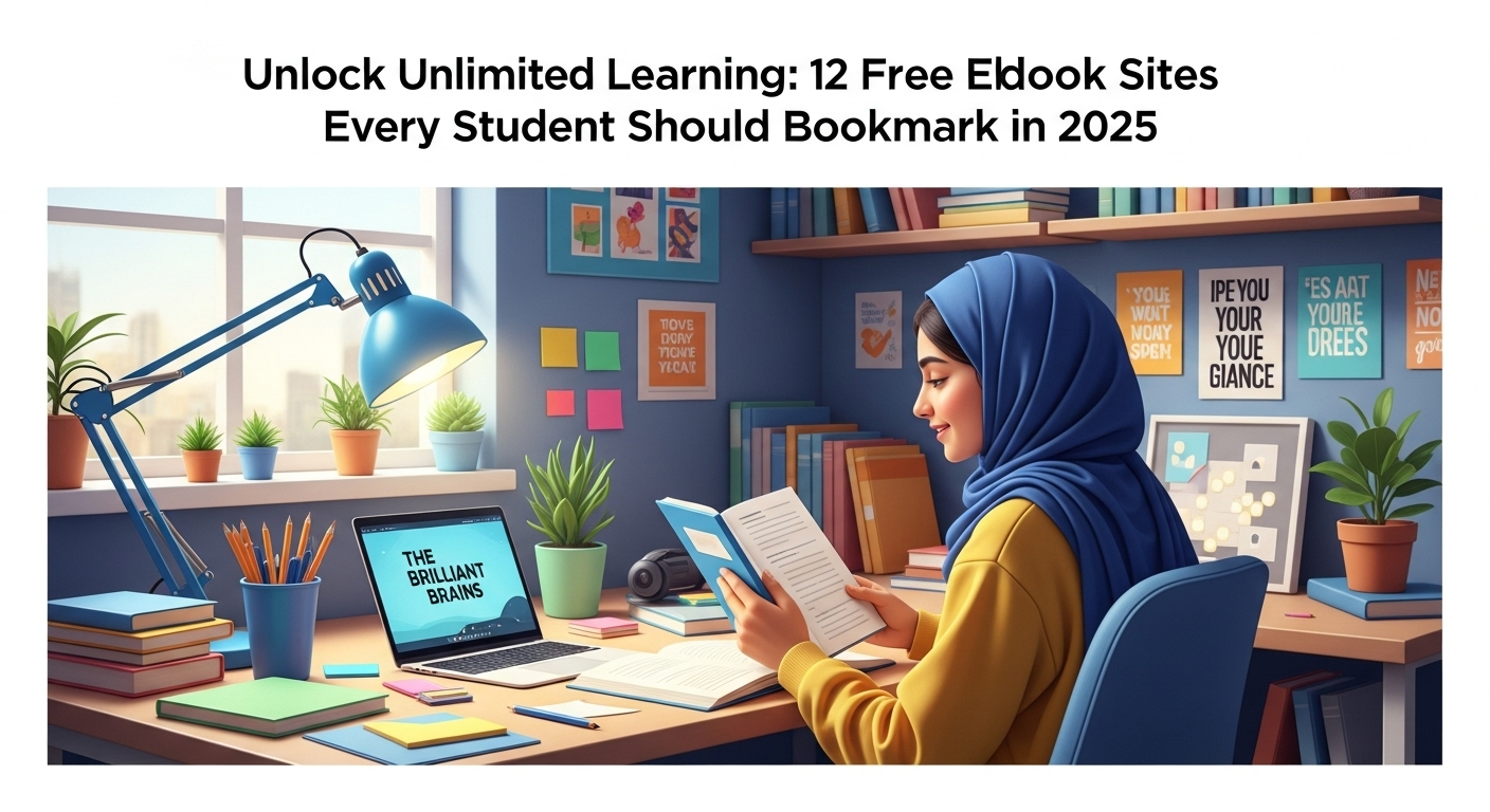 Student reading a free eBook on a laptop for IGCSE, A Level, and SAT prep — in a bright, engaging study environment